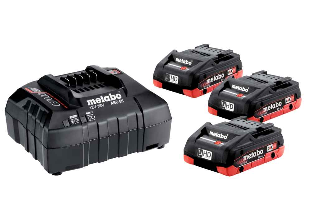 Metabo Basis Set 3 x 4 Ah LiHD Akkus + 1 x ASC 55 Ladegerät, CAS kompatibel, herstellerübergreifend